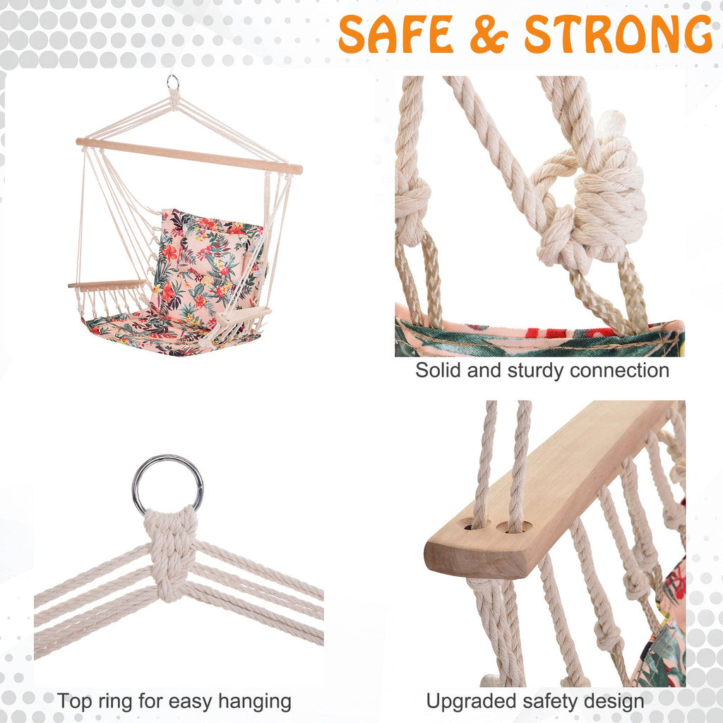 Garden Outdoor Hanging Hammock Chair Thick Rope Frame Wooden Arms Safe Wide Seat Garden Outdoor Spot Stylish Multicoloured floral-4
