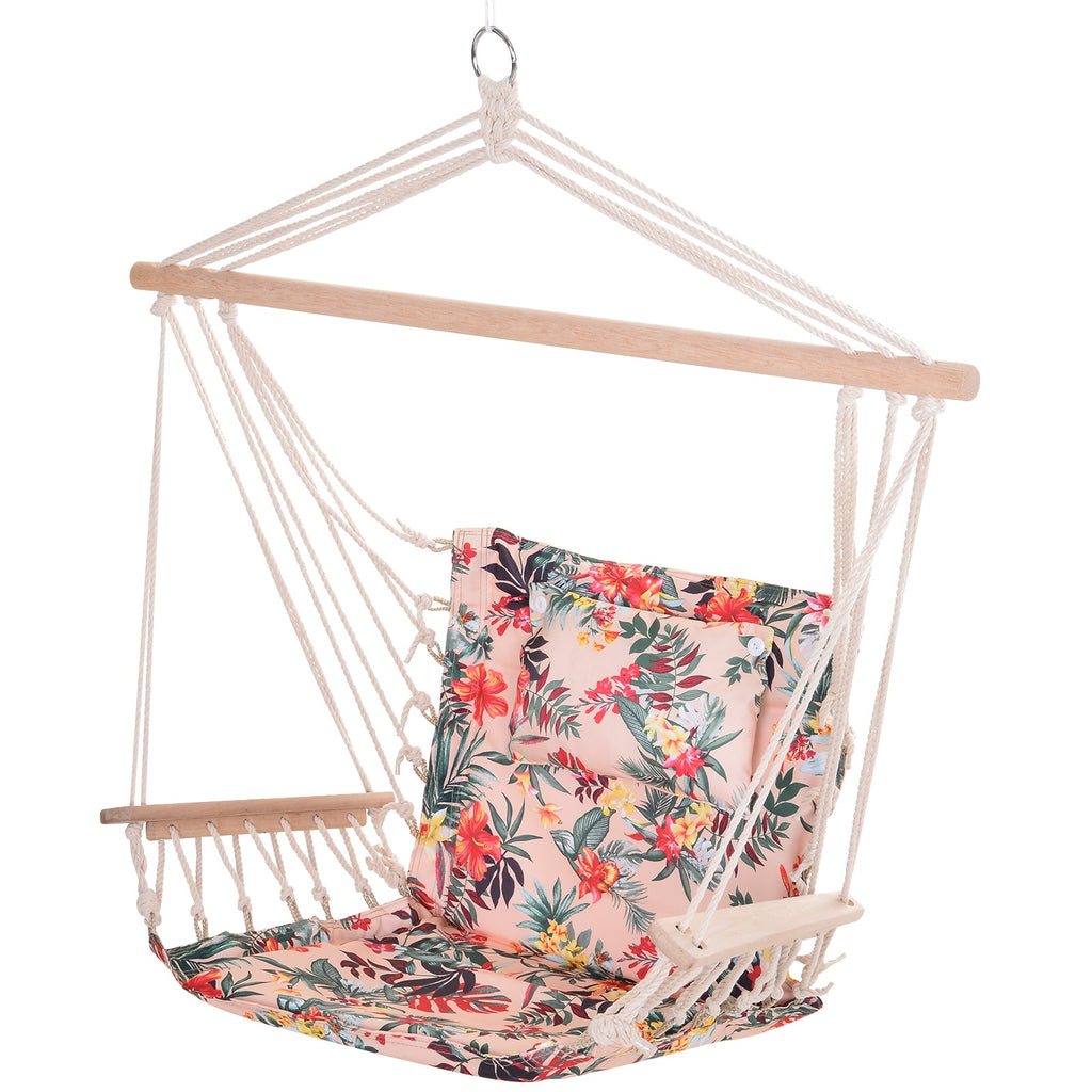 Garden Outdoor Hanging Hammock Chair Thick Rope Frame Wooden Arms Safe Wide Seat Garden Outdoor Spot Stylish Multicoloured floral-0