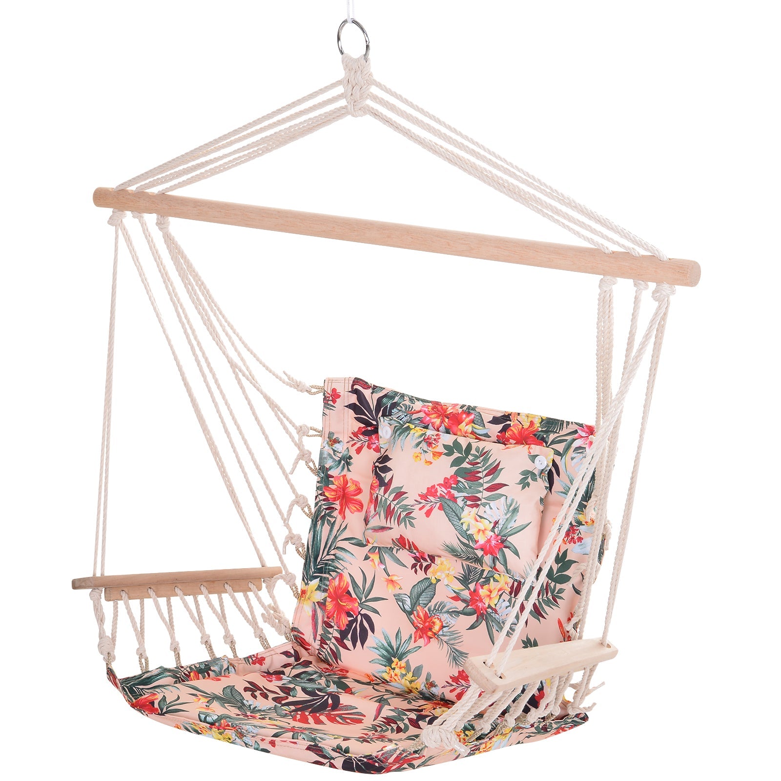 Garden Outdoor Hanging Hammock Chair Thick Rope Frame Wooden Arms Safe Wide Seat Garden Outdoor Spot Stylish Multicoloured floral-0