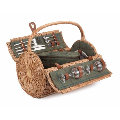 2 Person Green Tweed Barrel Wicker Picnic Basket-0