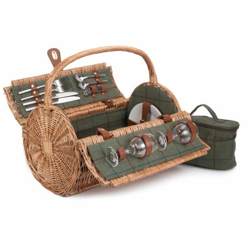 2 Person Green Tweed Barrel Wicker Picnic Basket-1