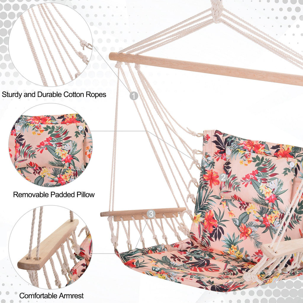 Garden Outdoor Hanging Hammock Chair Thick Rope Frame Wooden Arms Safe Wide Seat Garden Outdoor Spot Stylish Multicoloured floral-3