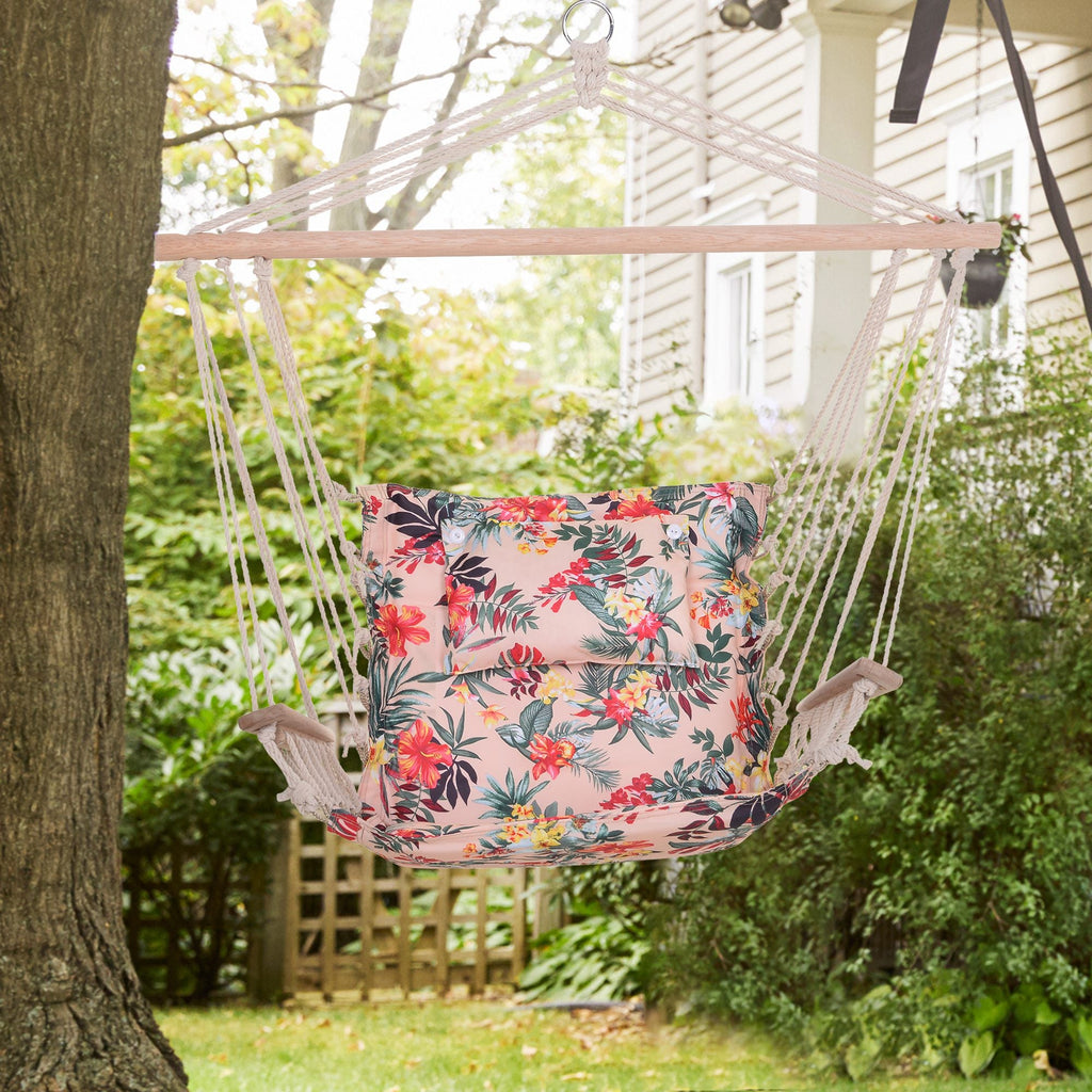 Garden Outdoor Hanging Hammock Chair Thick Rope Frame Wooden Arms Safe Wide Seat Garden Outdoor Spot Stylish Multicoloured floral-1