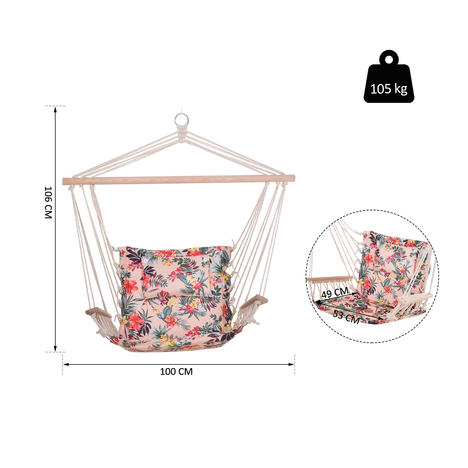 Garden Outdoor Hanging Hammock Chair Thick Rope Frame Wooden Arms Safe Wide Seat Garden Outdoor Spot Stylish Multicoloured floral-2